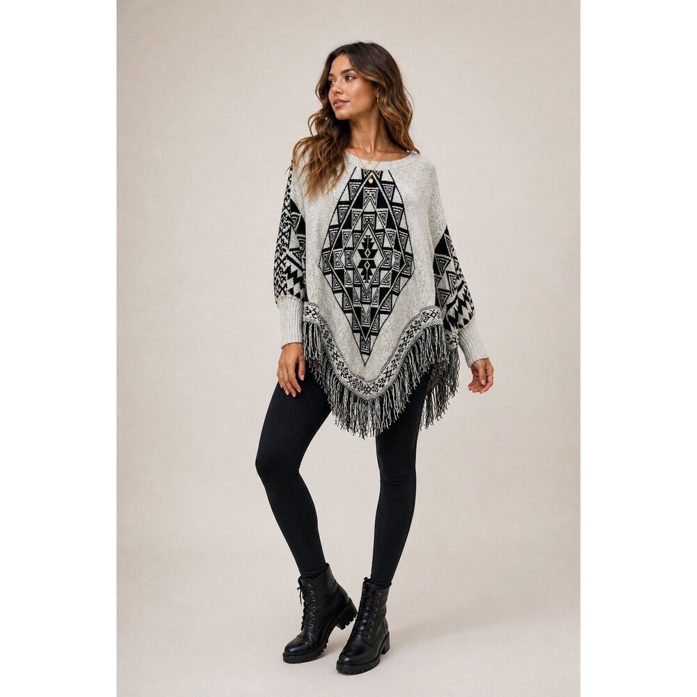 Olivia Sky Poncho Sweater Fringe Aztec Black White Boho S/M